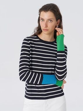 Striped Navy and White Long Sleeve Top with Colorblock Cuffs - NWT size L